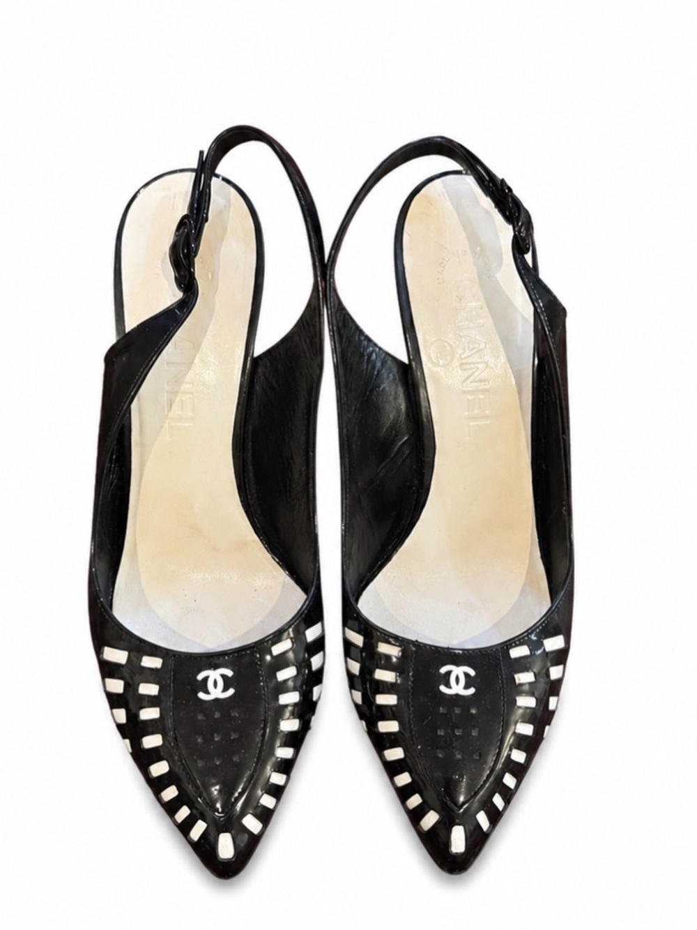 CHANEL Black & White Logo Slingback Heels 36.5 - Picture 2 of 7